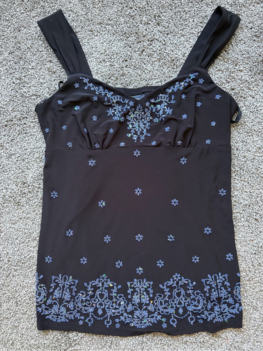 dressbarn Black Camisole with Blue Beaded Embroidery